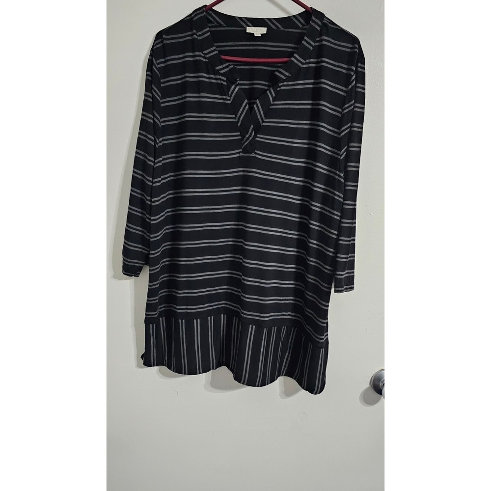 TalbotsTunic Top‎ Womens Plus Size 3X Black Grey Striped V Neck Rayon Tencel